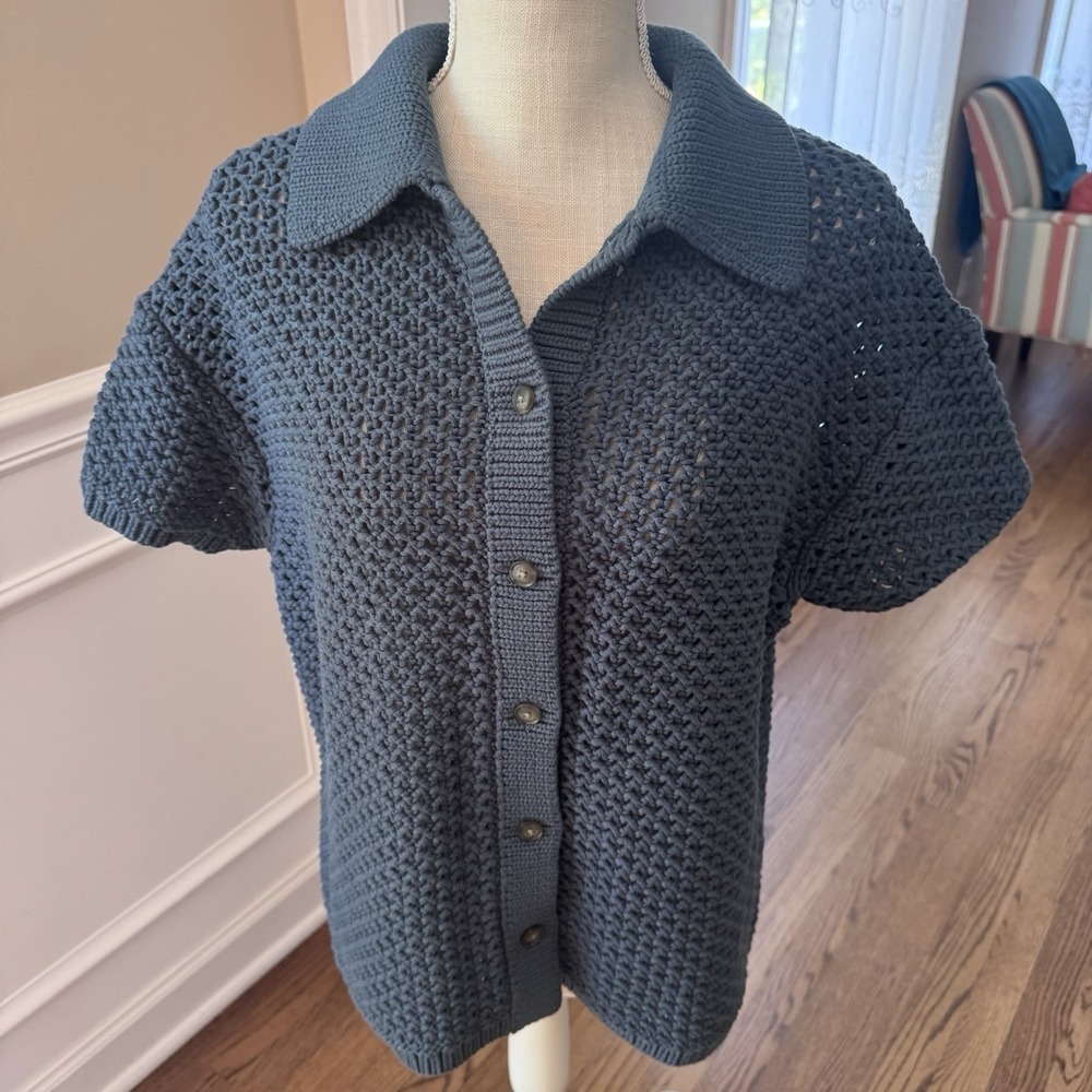 Haven Well Within Blue Gray Organic Cotton Knit Short Sleeve Cardigan Sweater M